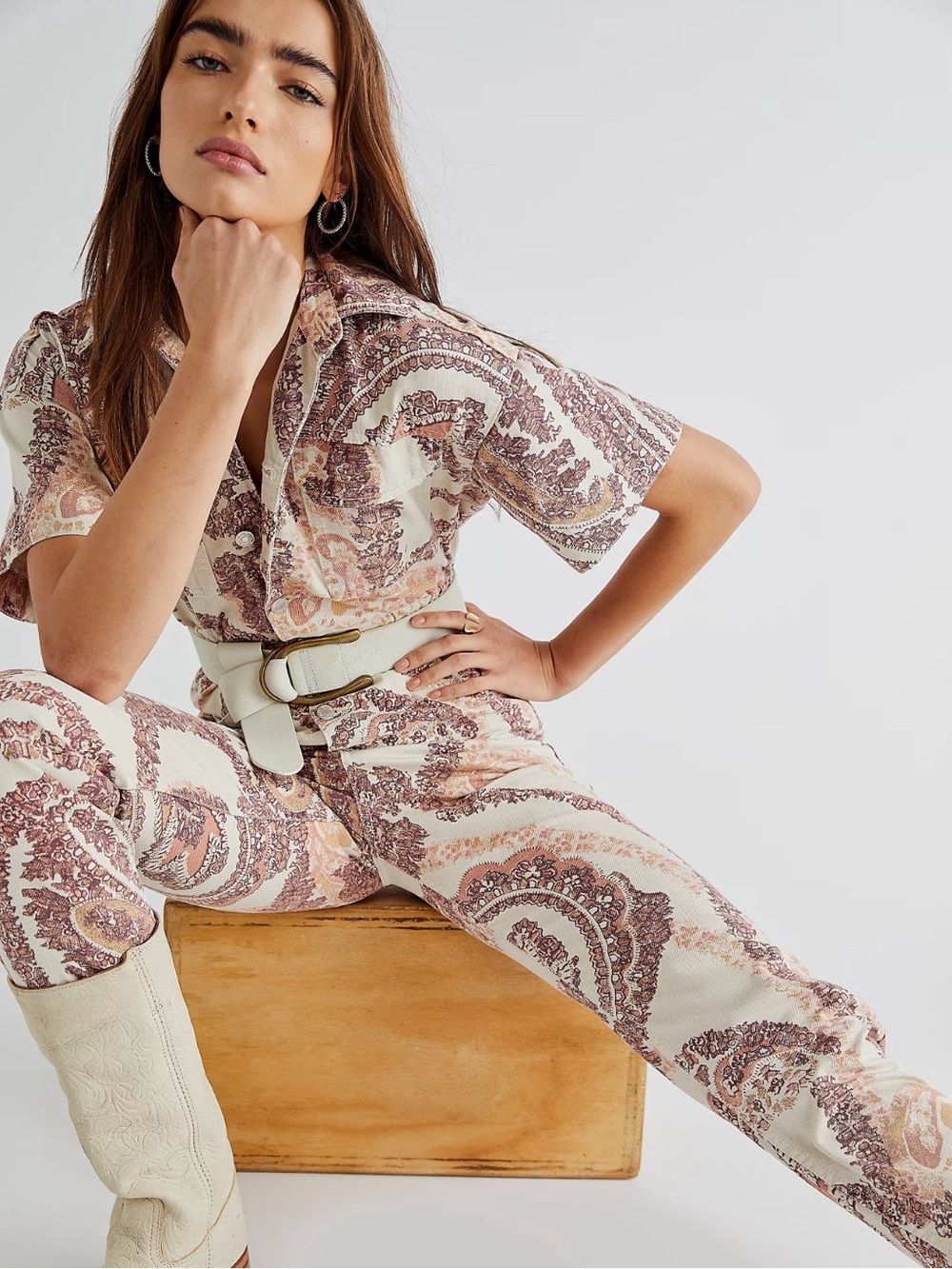 We The Free People Marci Paisley Denim Coverall Jumpsuit Utility Short Sleeve XS